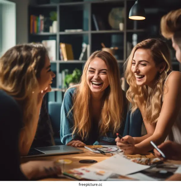 Four young women laughing and talking at a table