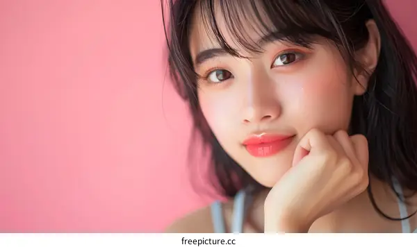 Portrait of a Young Asian Woman With Pink Background