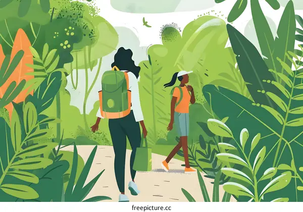 Two African American Women Hiking Through Lush Green Forest