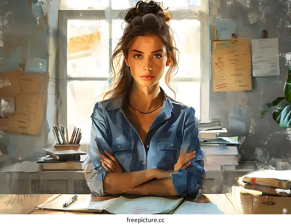Portrait of a Woman in a Blue Shirt Sitting at a Desk