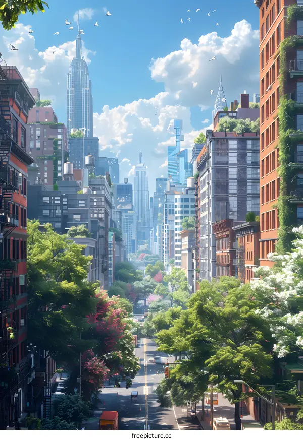 City street with green trees and skyscrapers in the background