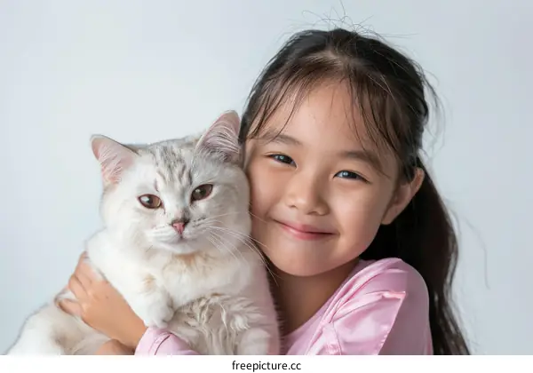 An adorable little girl hugging a fluffy white cat