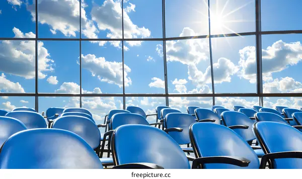 Blue Chairs Facing Large Window with Sky View