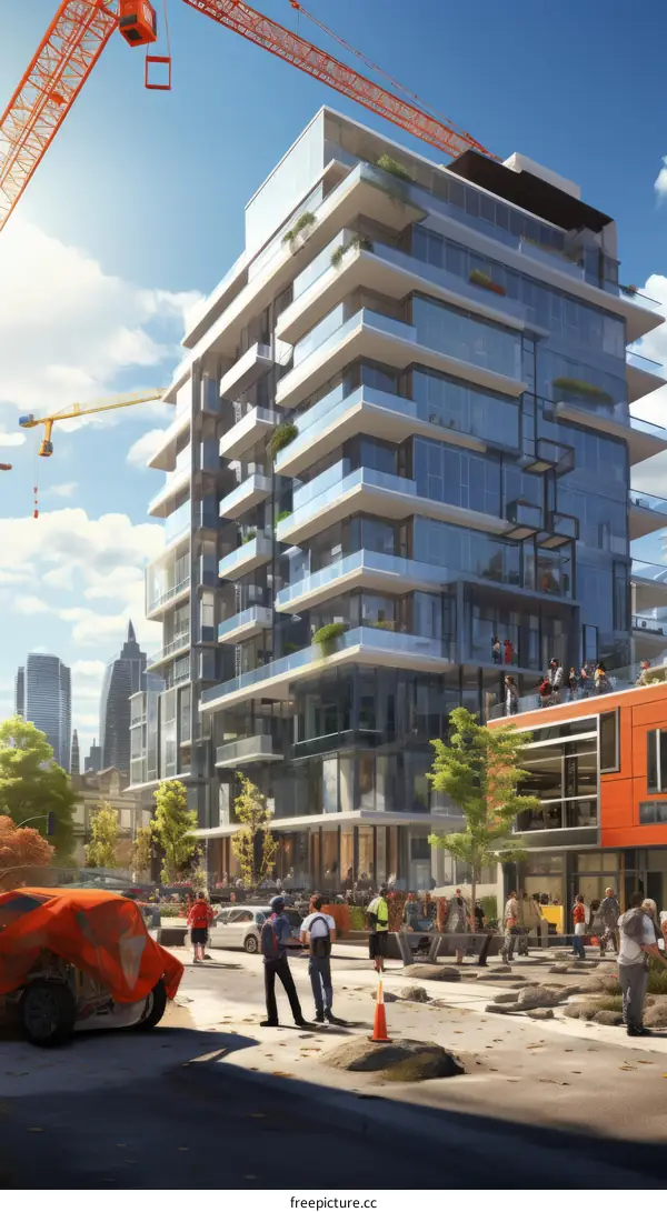 An illustration of a modern apartment building with people outside