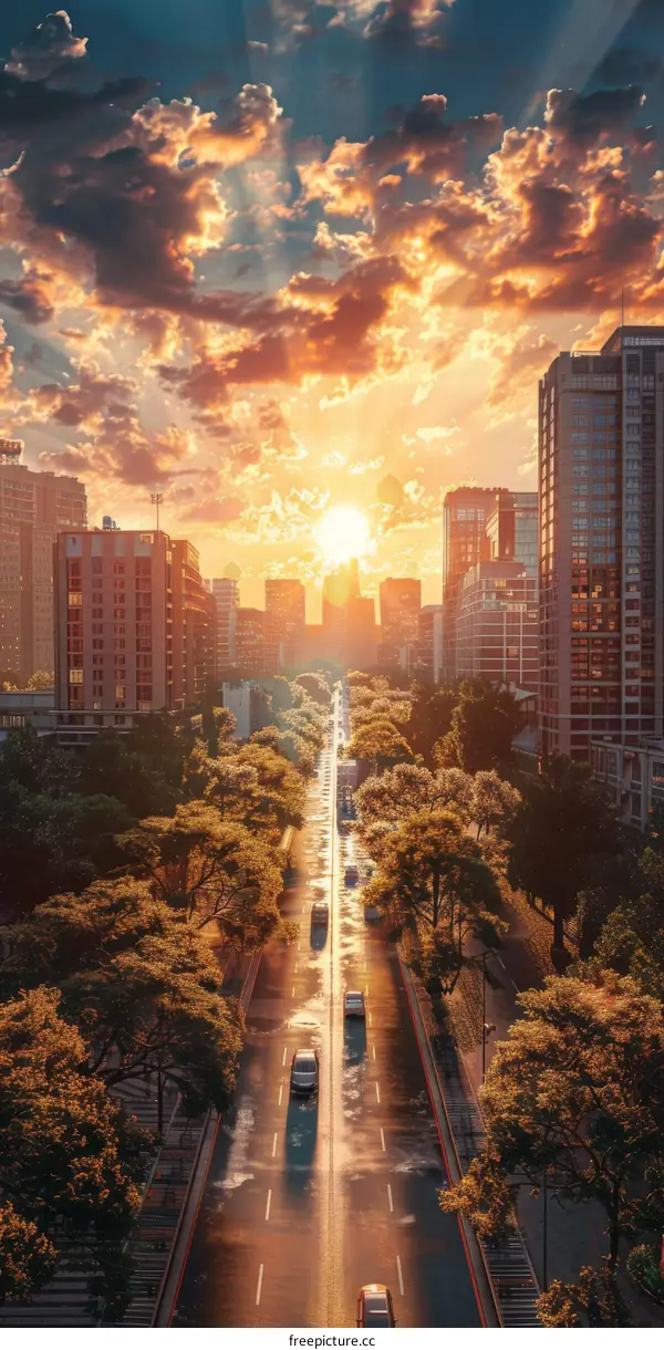 City Sunrise Skyline Road View