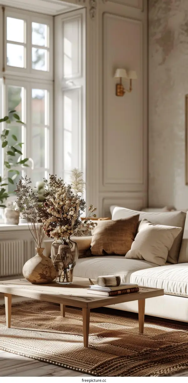 Stylish airy living room interior with a minimalist sofa and coffee table