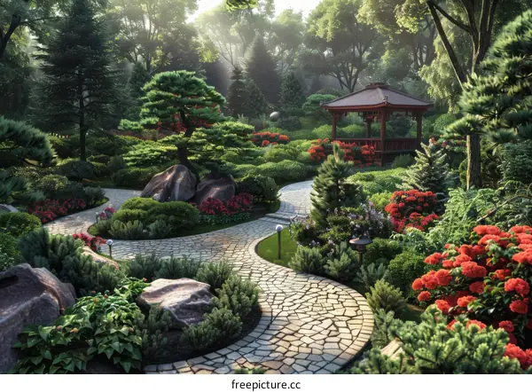 Beautiful Japanese Garden with Rocks and Plants