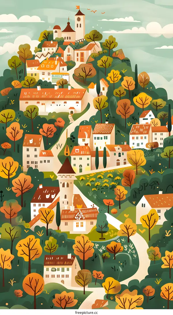Autumn Village Illustration With Winding Road