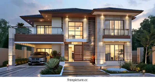 Modern Two Story Home With Stone Exterior And Large Windows
