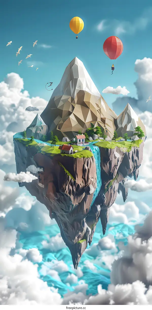 Floating Island with Houses and Hot Air Balloons in the Sky