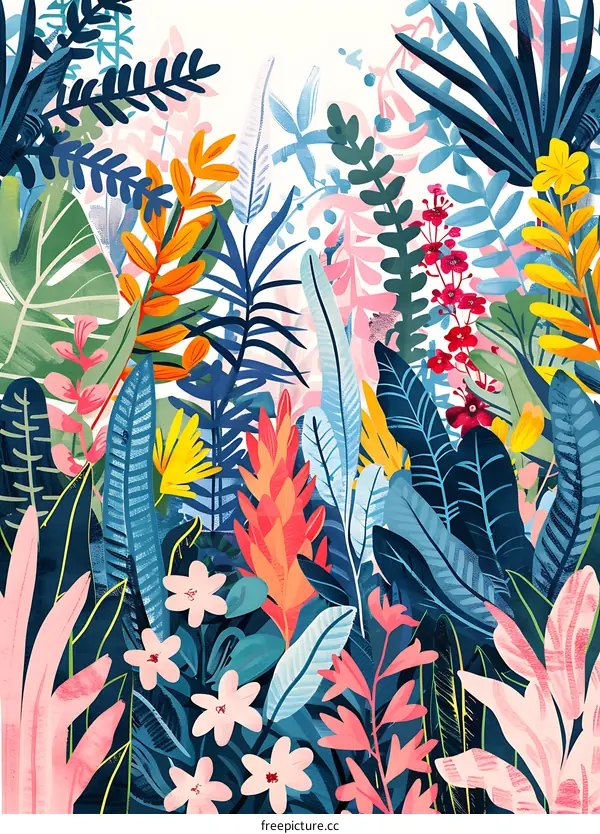 Colorful Tropical Flowers and Leaves Illustration