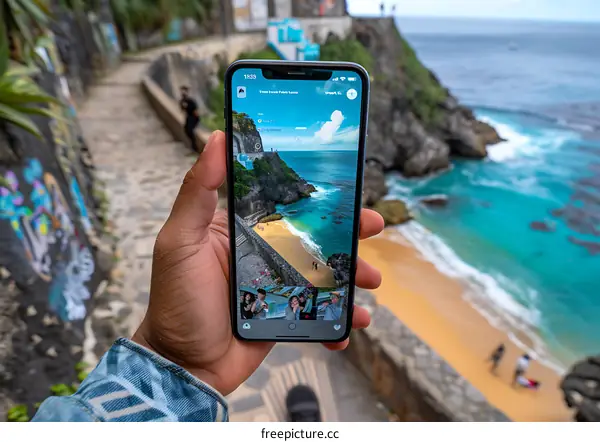 Hand Holding Smartphone Showing Beach Scenery