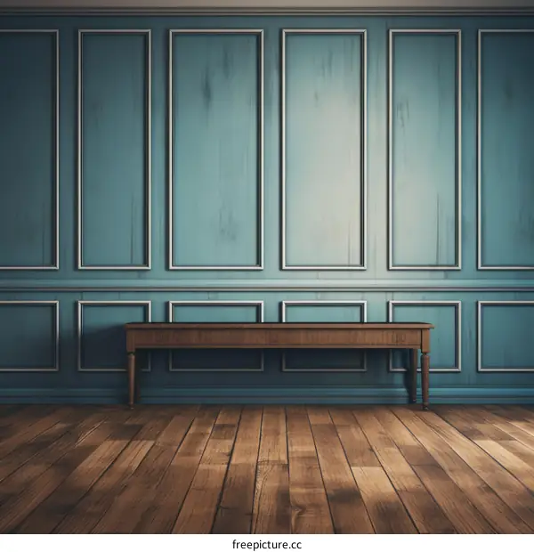 Blue Paneled Room With Wooden Bench