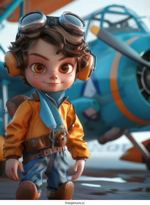 Smiling Boy in Front of Blue and Yellow Biplane