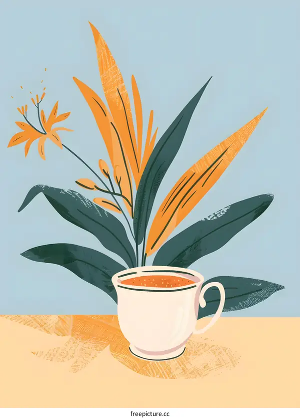 Minimalist Illustration Of A Cup Of Tea With Green And Orange Leaves