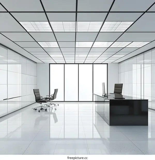 Modern Office Interior Design with Black Desk and White Tiles