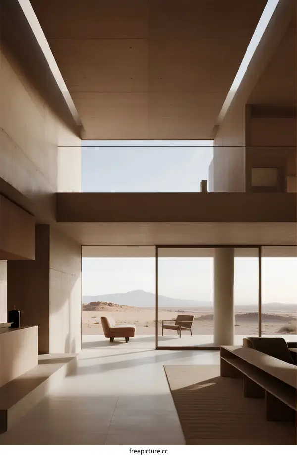 Modern minimalist interior with large windows overlooking desert scenery