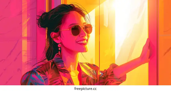 A young woman wearing sunglasses smiles and looks out a window.