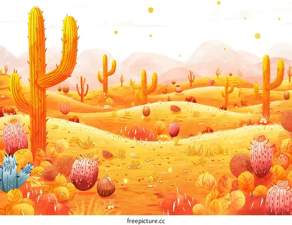 Desert Landscape with Cacti and Mountains in Watercolor Illustration
