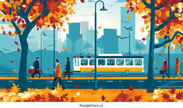 Autumn City Street Scene with People and Bus