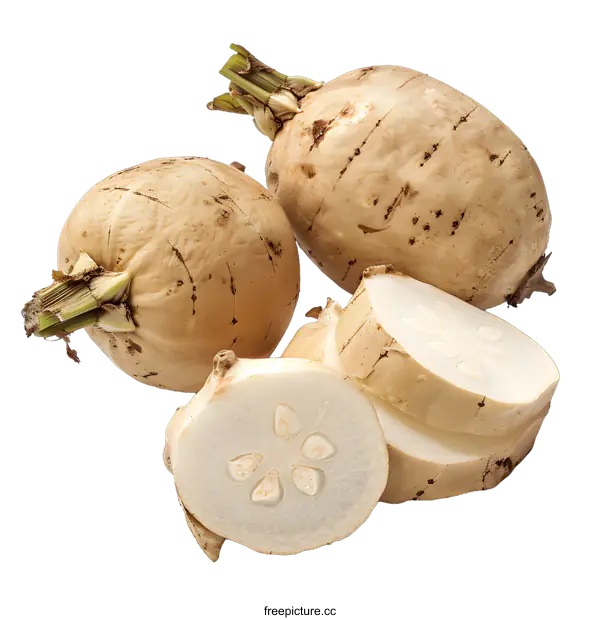 [Transparent Background PNG]Whole and Sliced Jicama Root on White Background