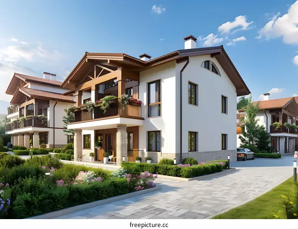 Modern House with Balcony and Lush Greenery