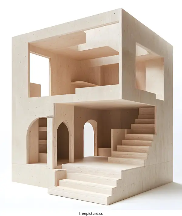 Wooden Model of a House with Stairs and Arched Doorways