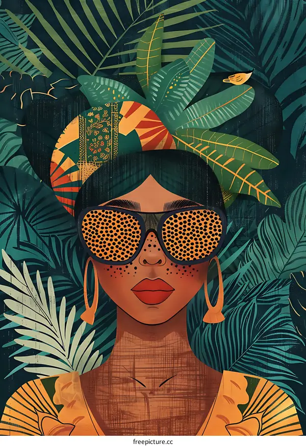Woman in Jungle Illustration with Sunglasses and Tropical Leaves