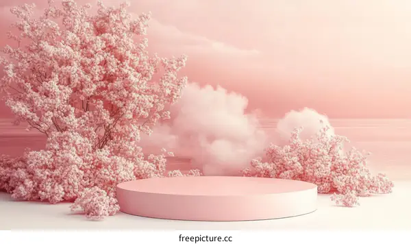 Pink Floral Display Podium with Soft Clouds