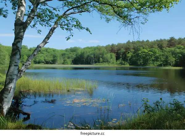 The beautiful scenery of the lake and birch trees