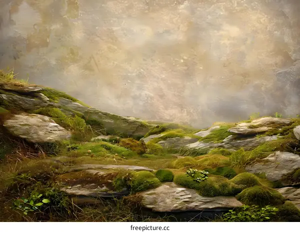 Green Mossy Rocks with Cloudy Sky Background