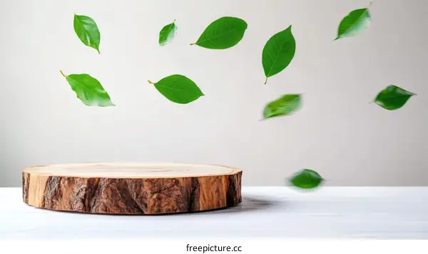 Wooden Display Stand with Falling Leaves