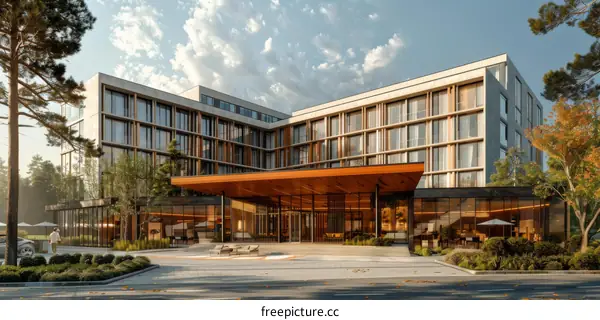 Modern Hotel Exterior with Lush Landscaping