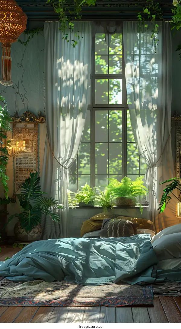 Bohemian Bedroom with Sunlight Streaming Through Window