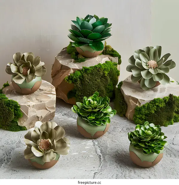 Artificial Succulents On Stone And Moss Background