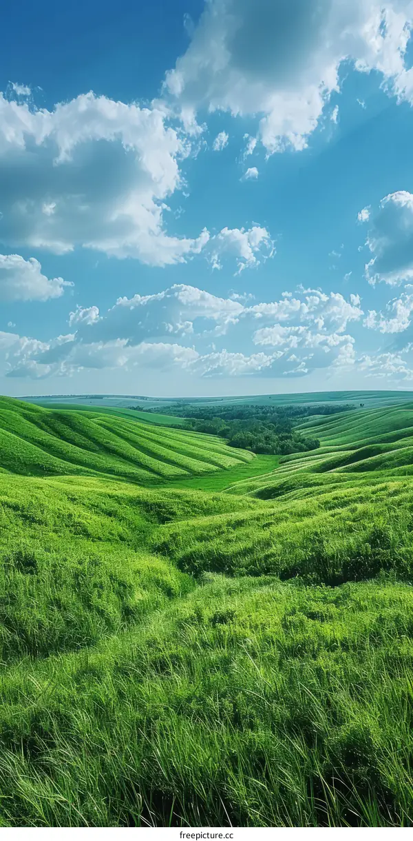 Tranquil Landscape with Rolling Green Hills, Blue Sky, and White Clouds