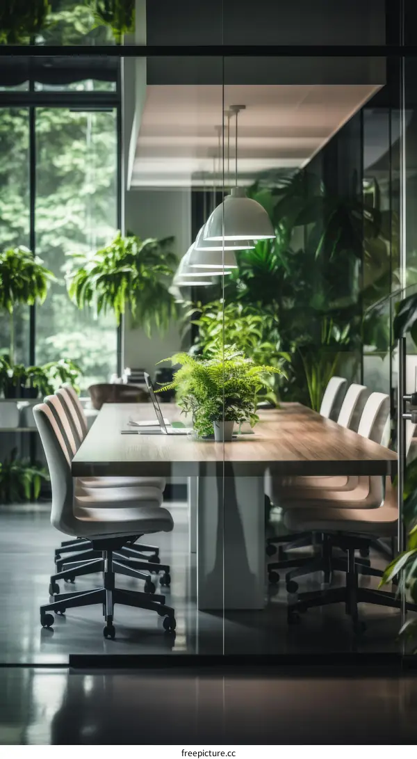 Modern Office Interior with Large Windows and Greenery