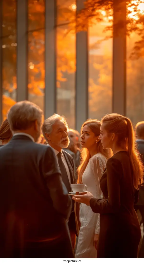 A group of people are talking and laughing at a party