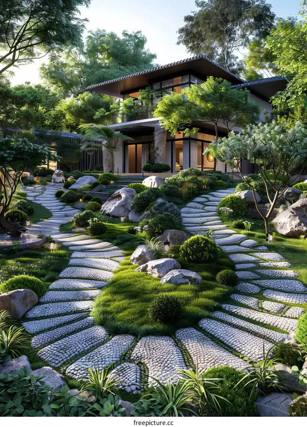 Pebble Path in a Lush Green Garden