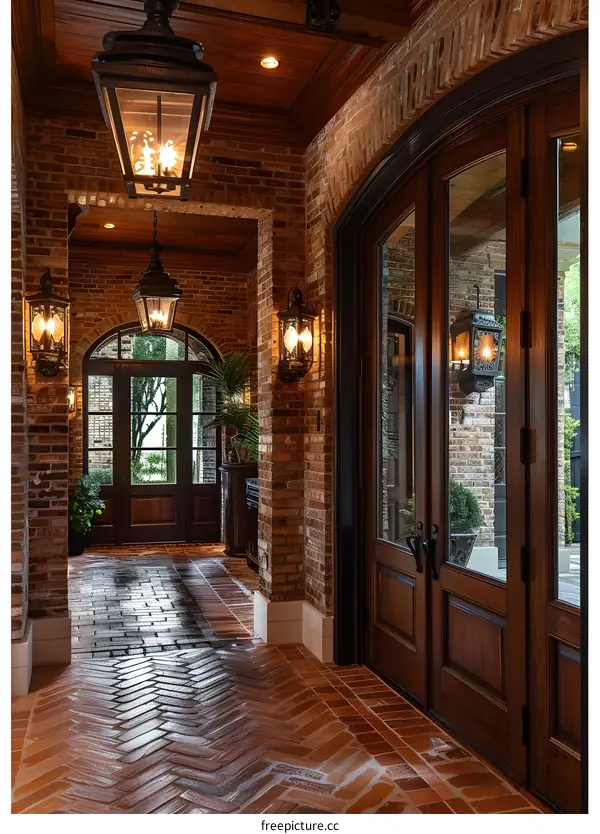 Elegant Brick Entryway with Arched Doorways and Lanterns