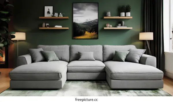 Modern Gray Sectional Sofa in a Green Living Room
