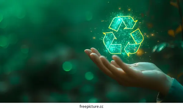 Glowing recycle symbol in the hand with a blurred forest background
