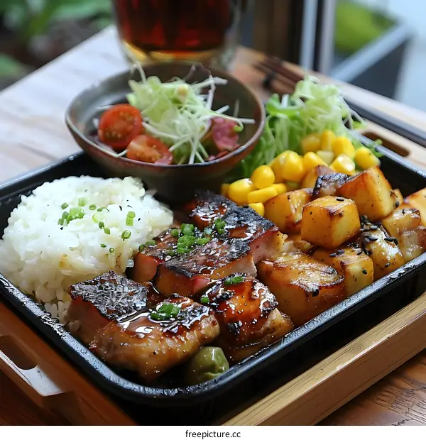 Grilled Salmon with Rice, Potatoes and Corn