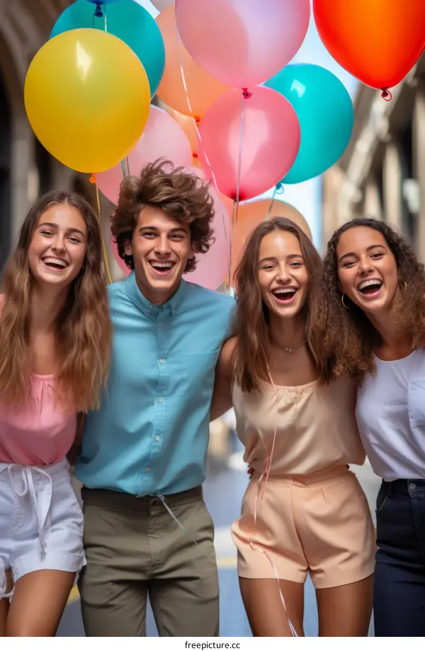 Four cheerful friends walking down the street with colorful balloons