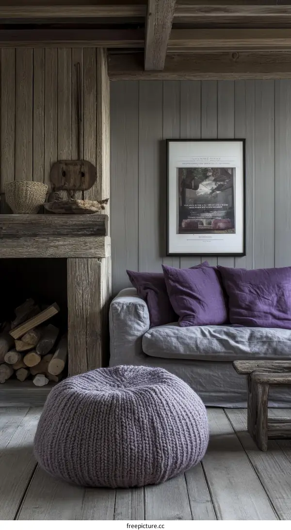 Rustic Living Room with Knitted Ottoman