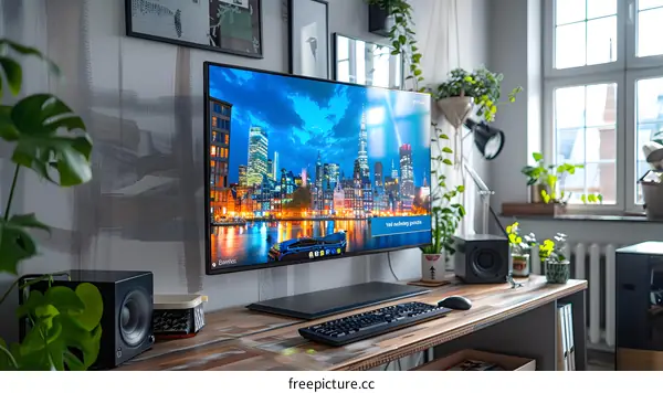 A desk with a computer, keyboard, mouse, and speakers. There is a plant on the desk, and a window in the background.