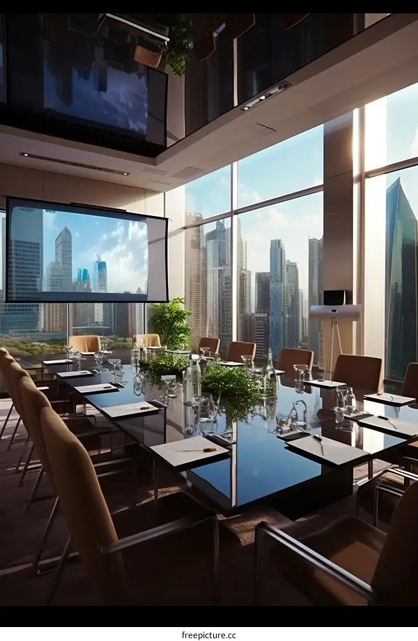 A conference room with a large table, chairs, and a projector screen