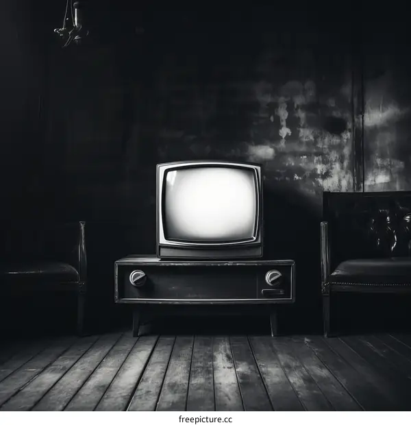 Eerie Black and White Photo of a Retro Television in a Dark Room
