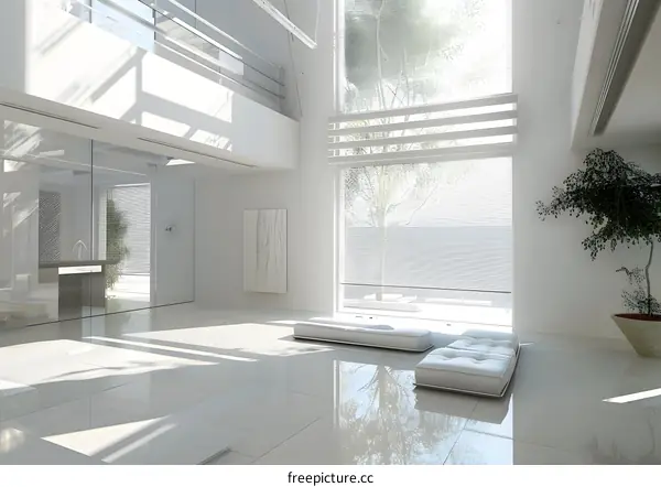 Modern Minimalist White Living Room Interior Design With Large Windows