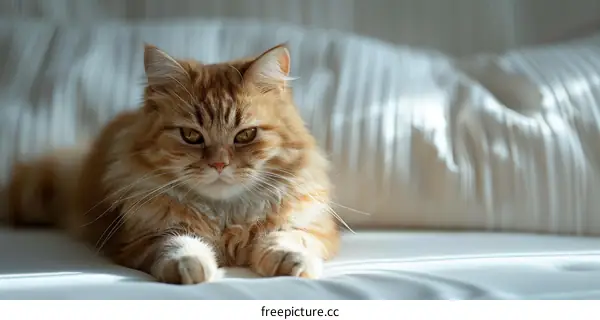 A ginger cat is lying on a white blanket
